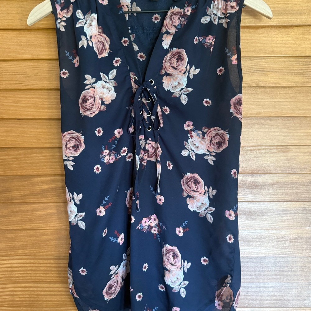 J For Justify Floral Lace-Up Blouse Navy Sleeveless Top | Size S